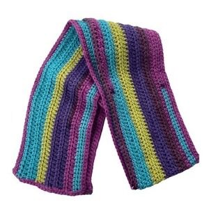 Handmade Crochet Striped Scarf Purple Blue Green Colorful Knitwear Accessory